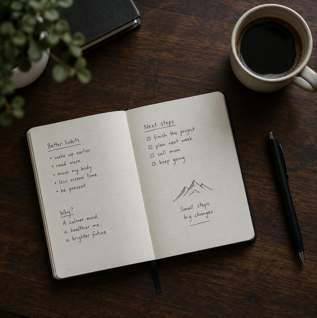 Open notebook with handwritten notes and a pen on a desk