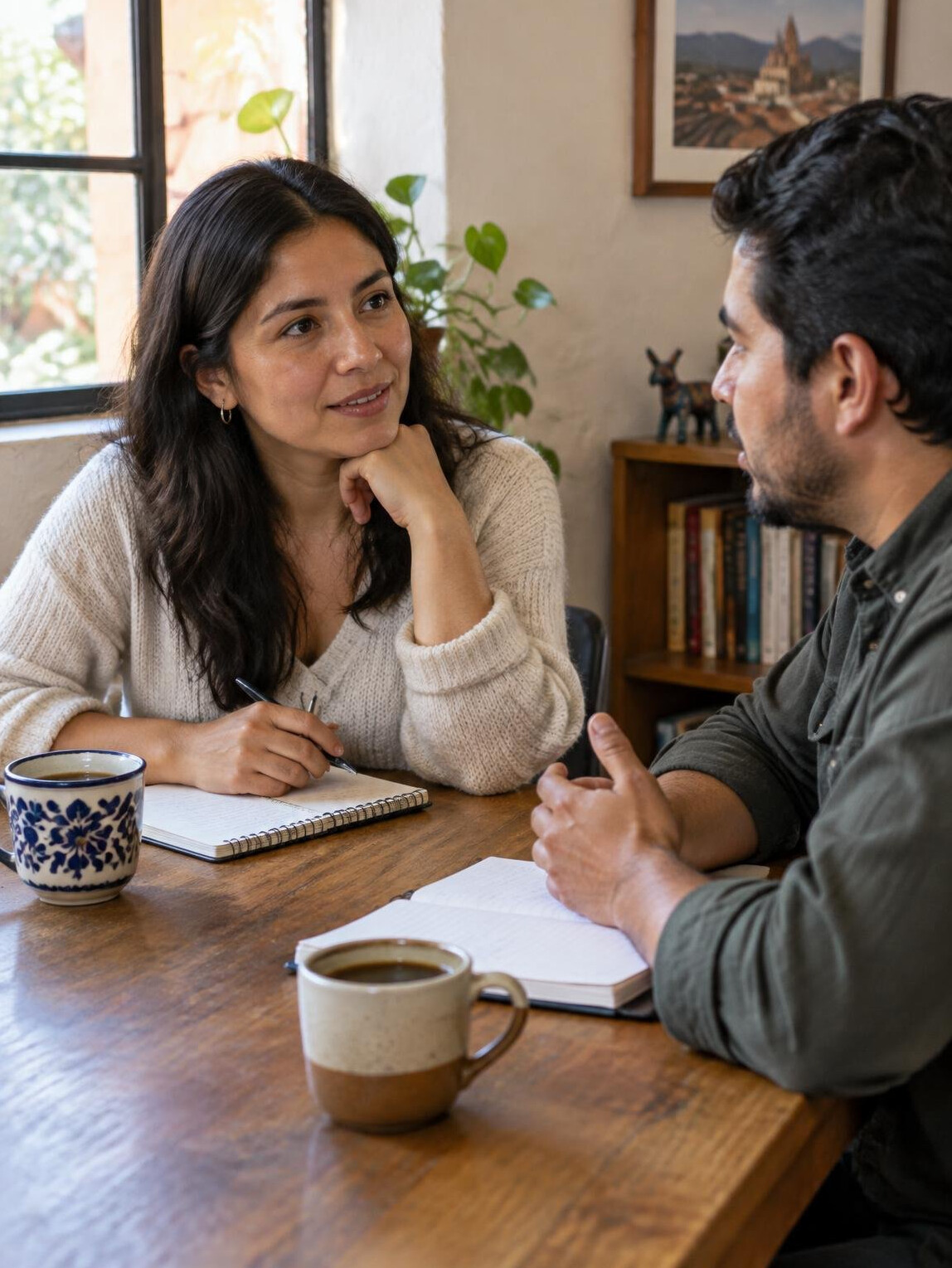 Two people having a calm conversation at a wooden table with notebooks