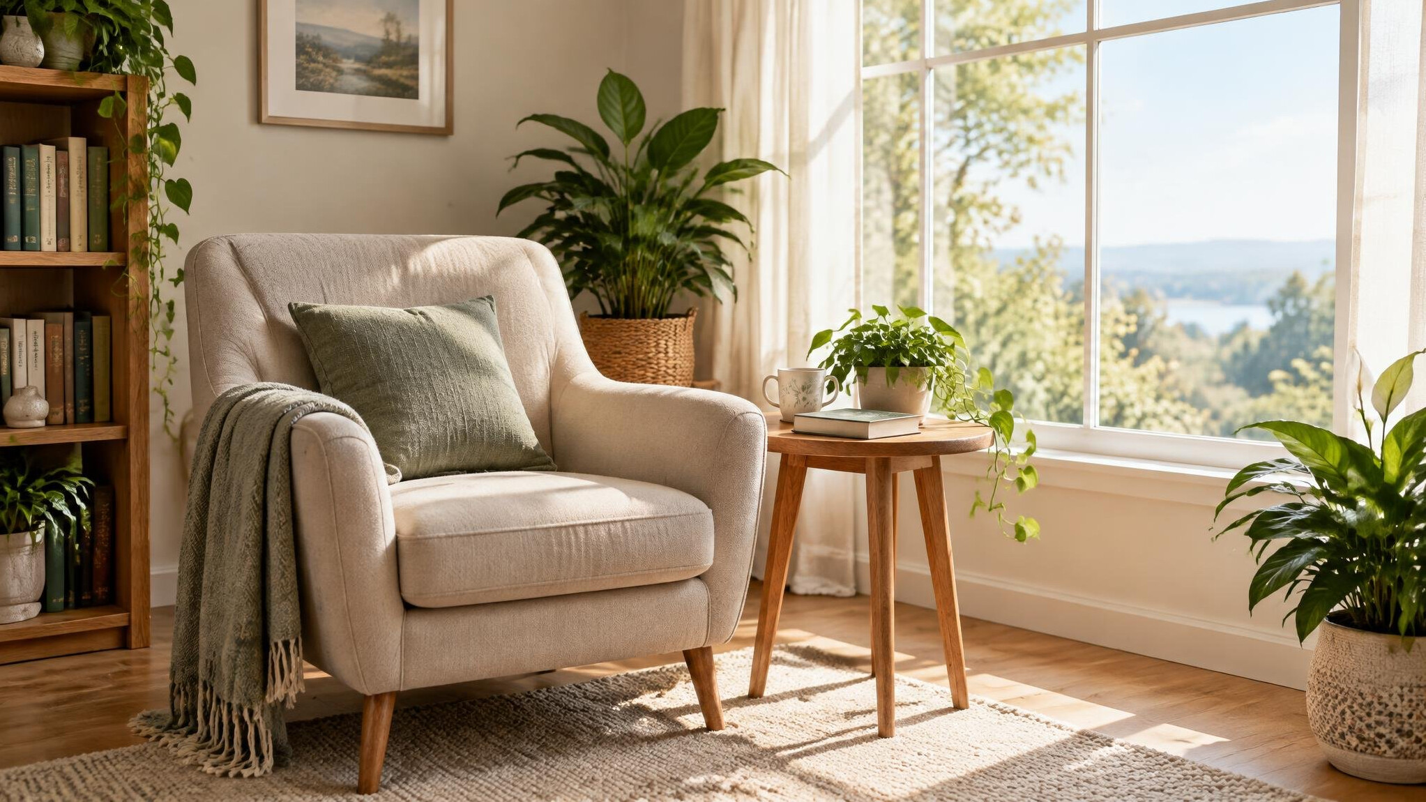Quiet reading corner with an armchair and plants near a window