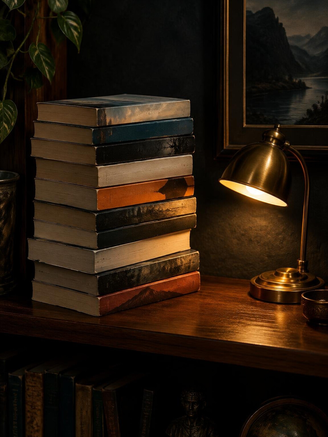 Stack of books next to a reading lamp on a shelf