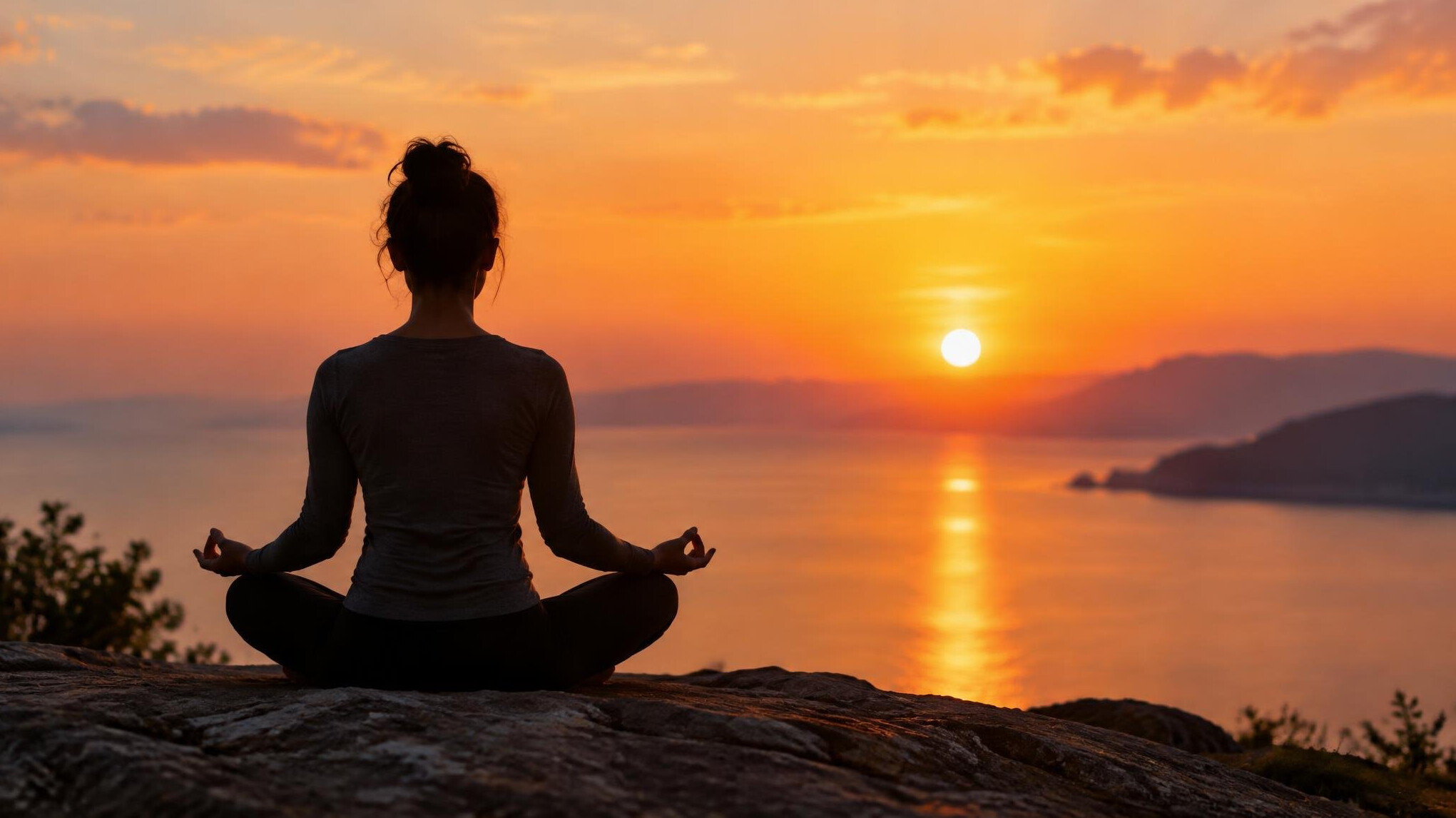 person meditating at sunset