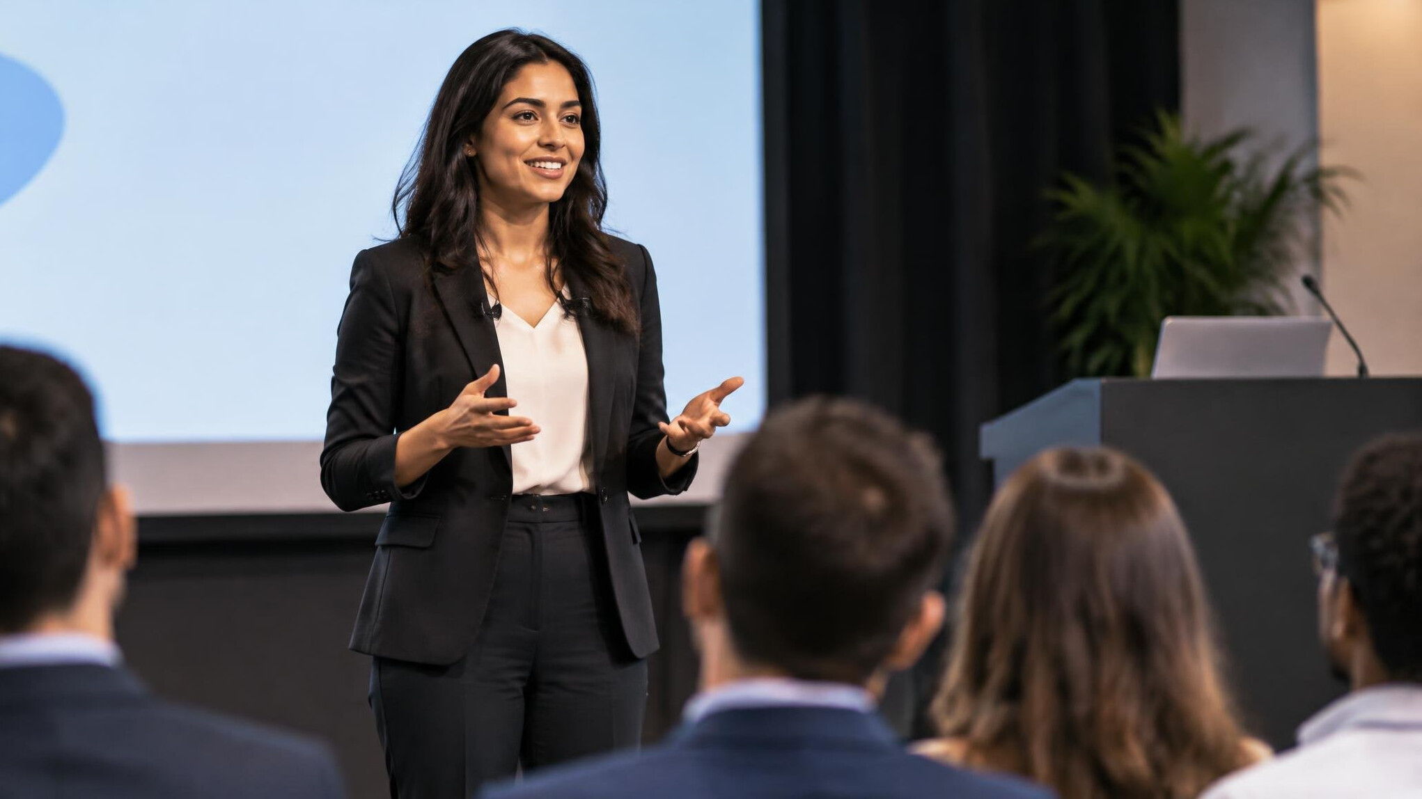 confident speaker on stage