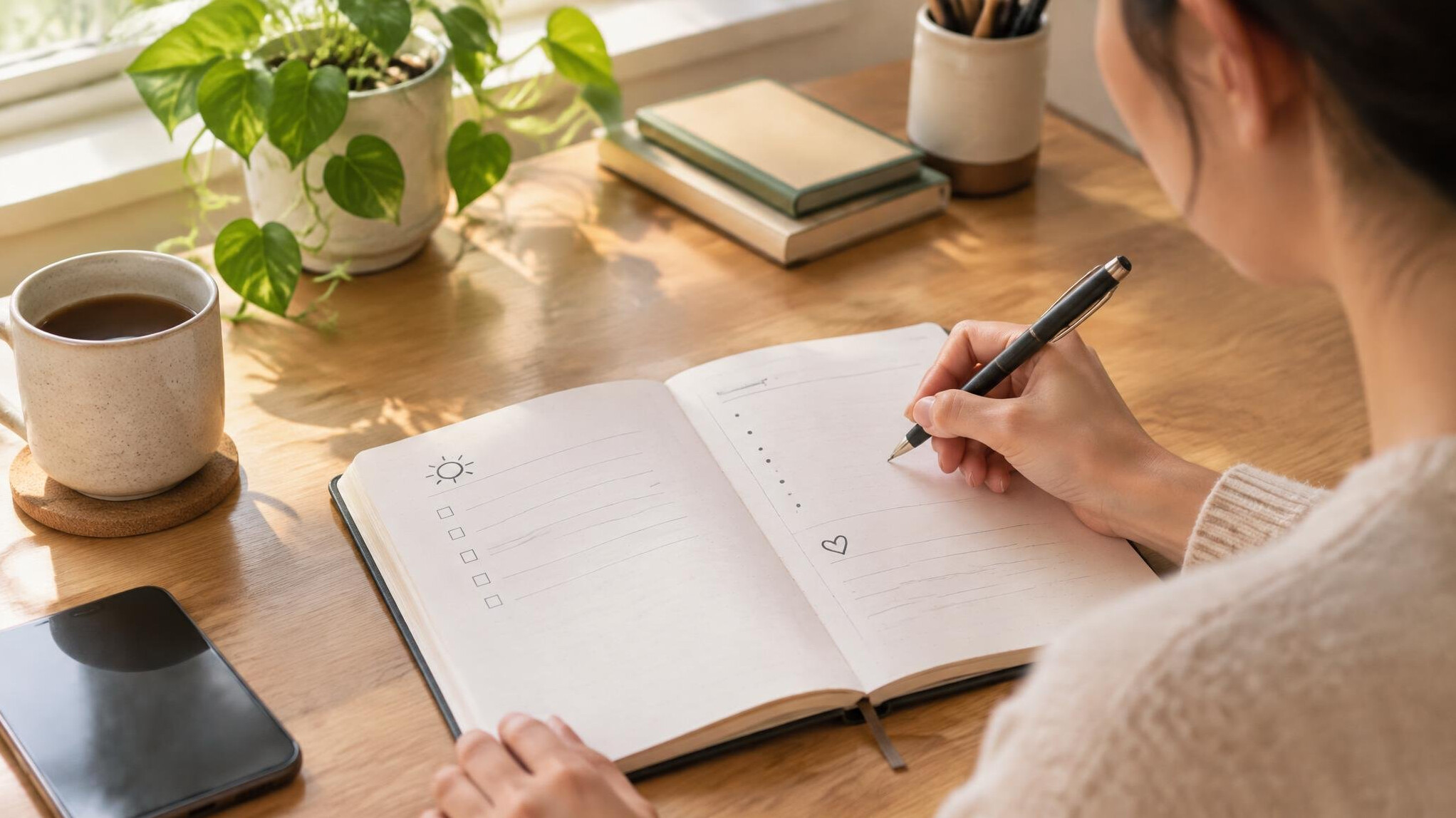person writing in journal morning